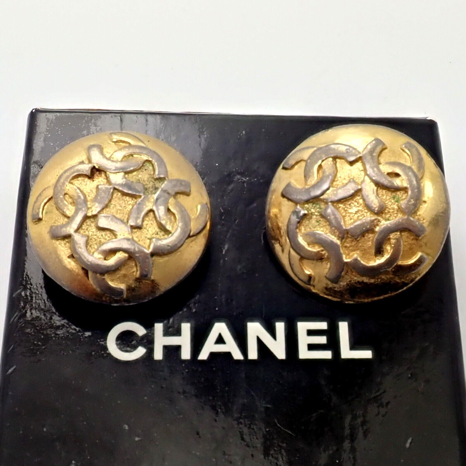 Rare! Vintage Chanel Paris France CC Logos Button Earrings Early 1980's