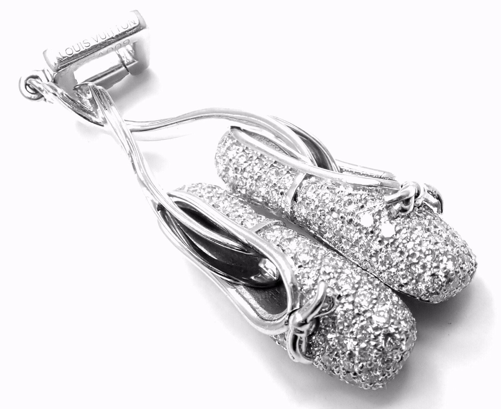 Rare! Authentic Louis Vuitton 18K White Gold Diamond Ballet Shoes Charm Pendant