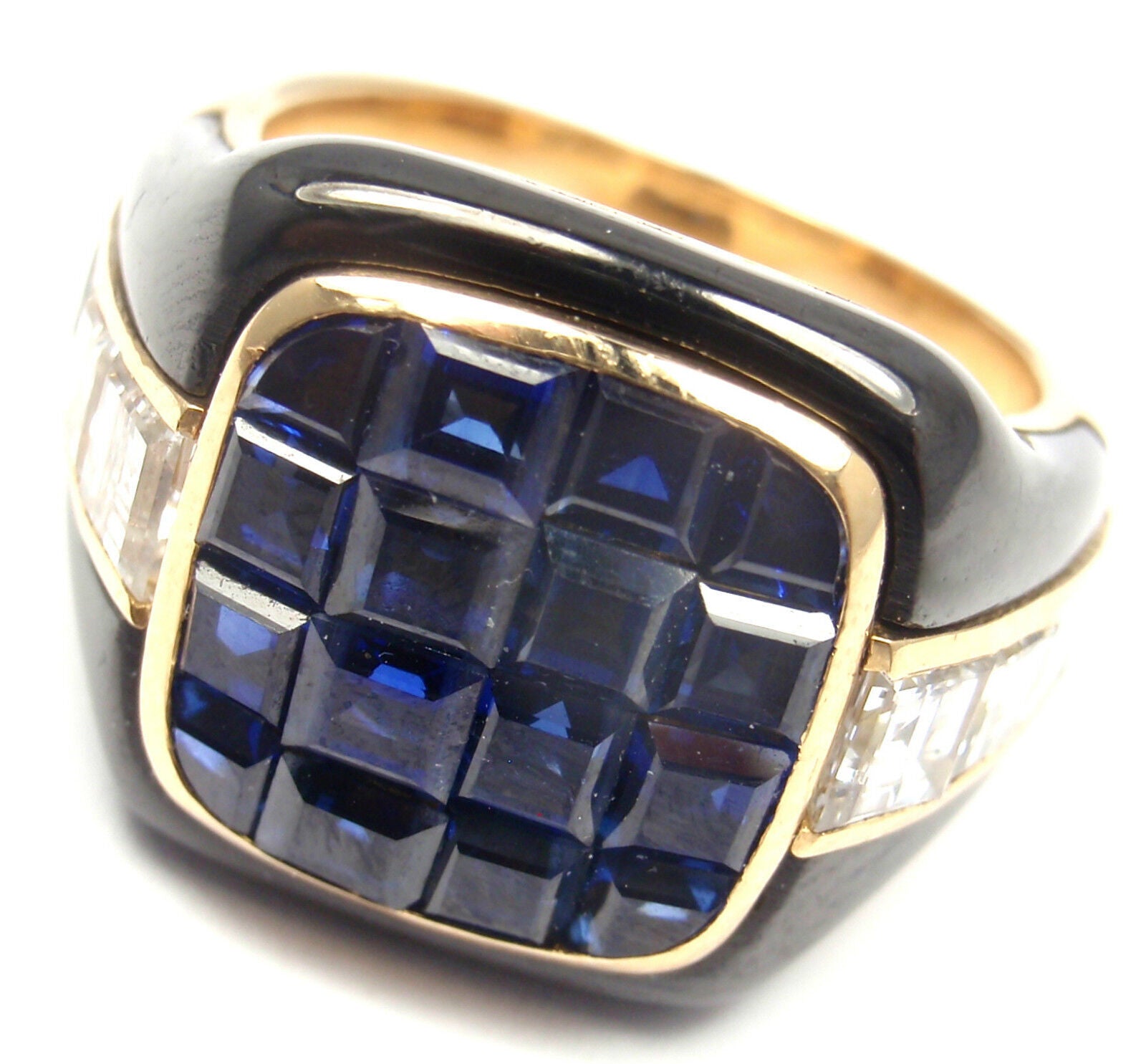 Piaget Jewelry & Watches:Fine Jewelry:Rings Authentic! Piaget 18k Yellow Gold Diamond Invisible Set Sapphire Enamel Ring