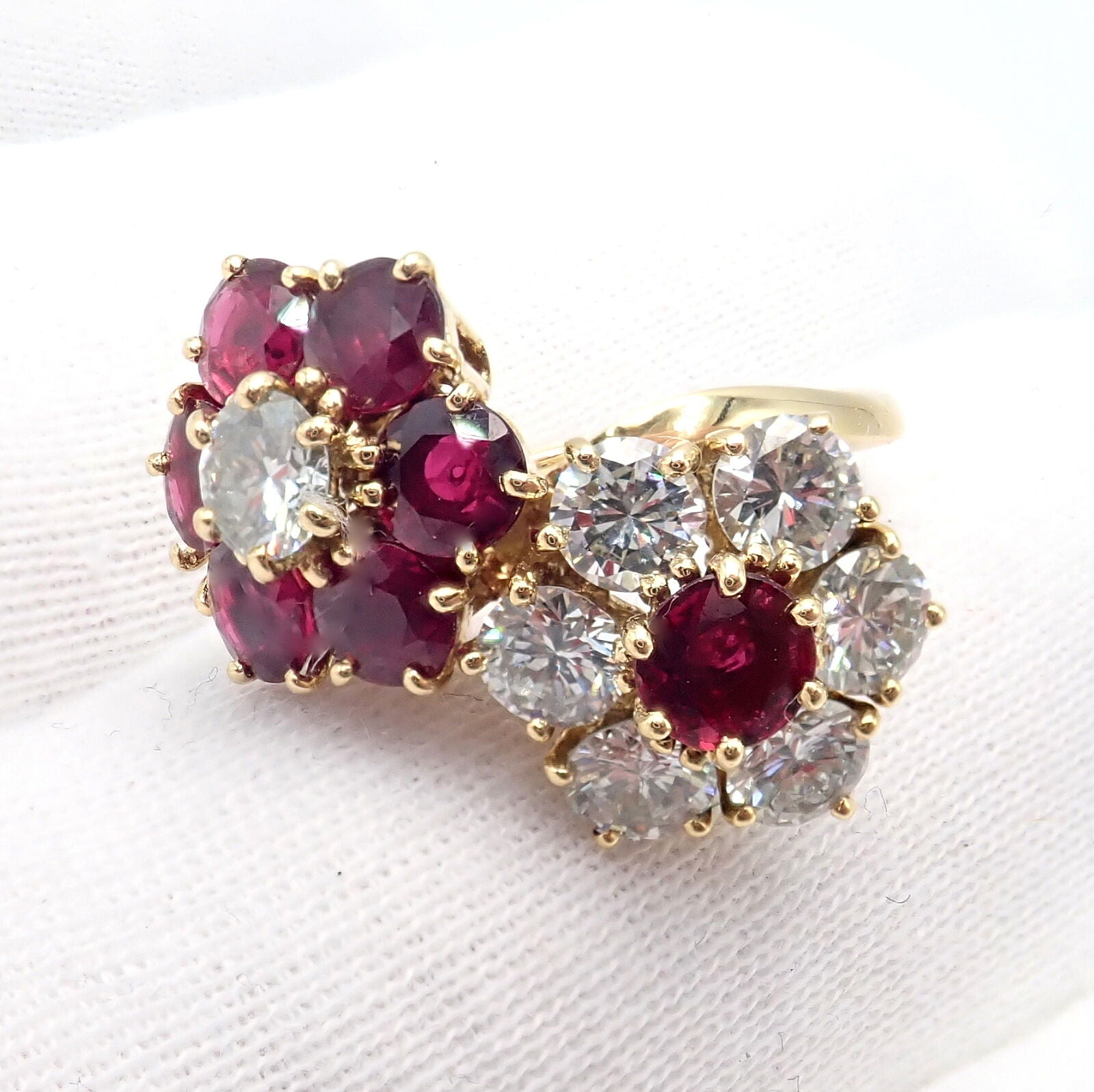 Van Cleef & Arpels Jewelry & Watches:Fine Jewelry:Rings Van Cleef & Arpels Fleurette 18k Yellow Gold Ruby Diamond Double Flower Ring