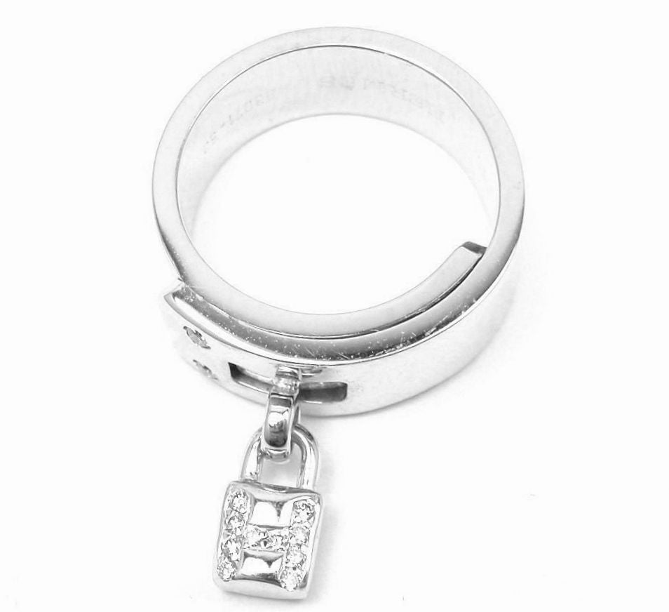 Rare! Authentic Hermes 18k White Gold "H" Lock Band Diamond Ring | Fortrove