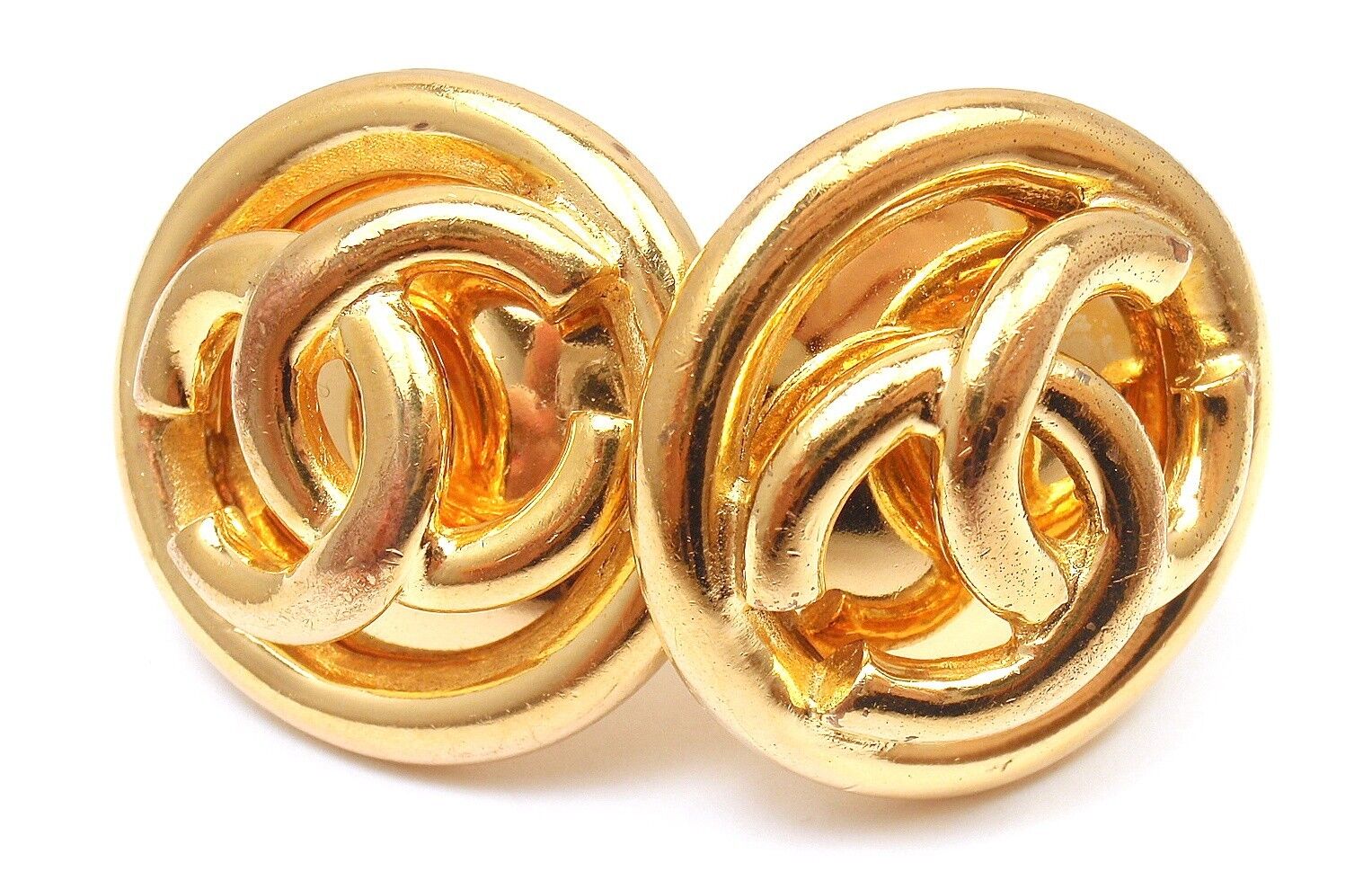 Authentic! Chanel Gold Tone CC Logo Simple Classic Clip-On Large Earrings