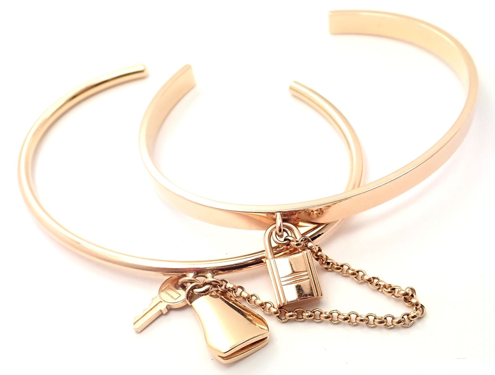 Authentic! Hermes 18K Rose Gold Kelly Clochette Double Cuff Bangle Bracelet