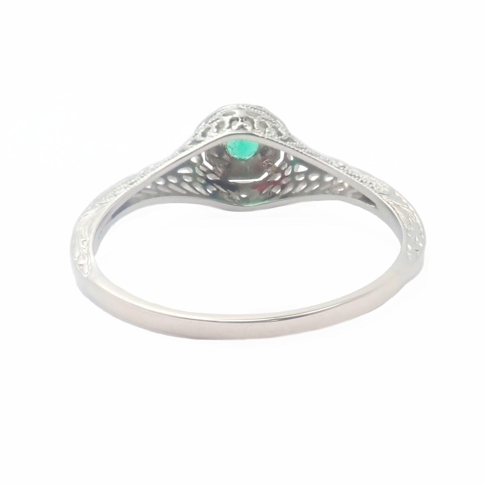 Estate Jewelry & Watches:Vintage & Antique Jewelry:Rings Vintage Estate 18k White Gold Emerald Art Deco Filigree Ring