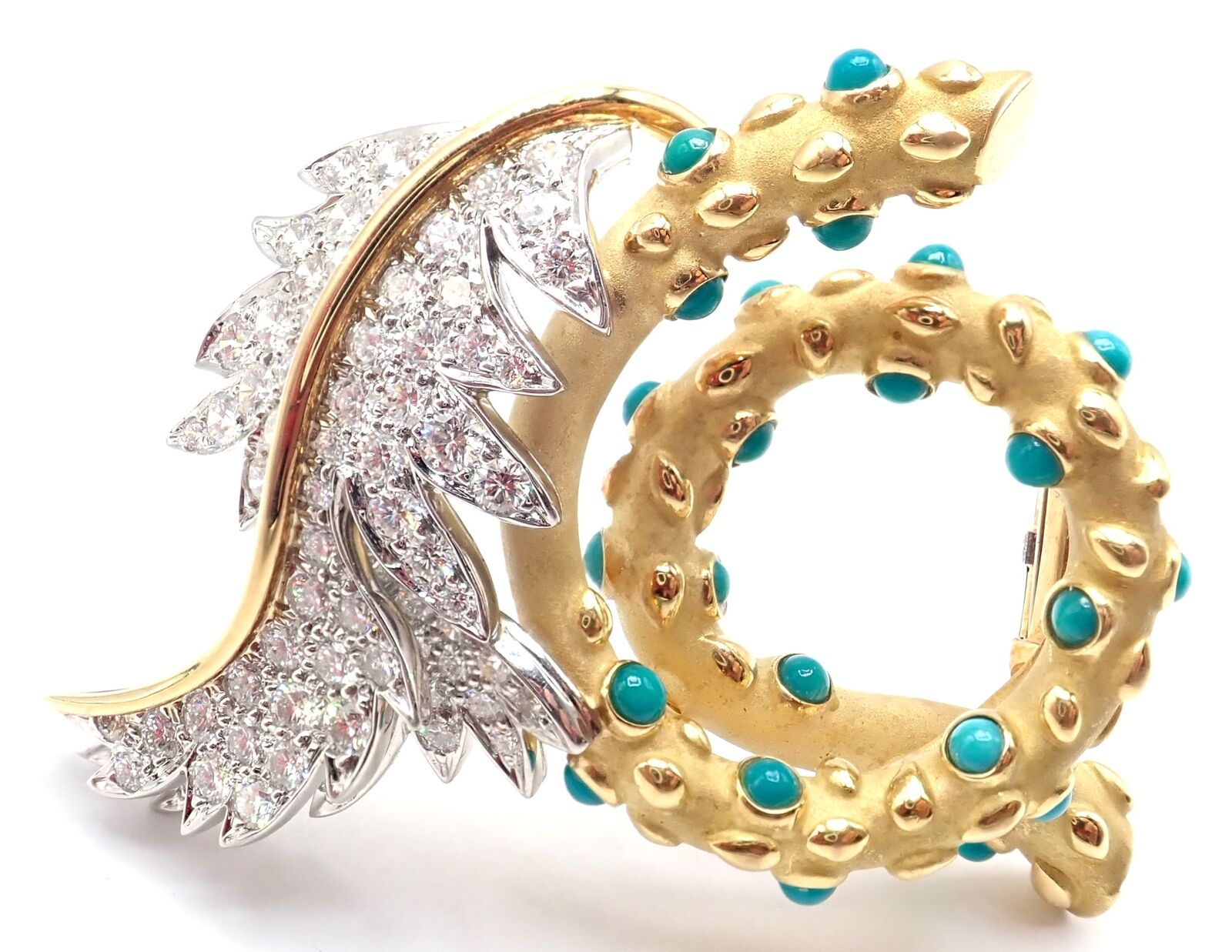 Tiffany & Co Schlumberger 18k Yellow Gold Platinum Diamond Turquoise Pin Brooch | Fortrove