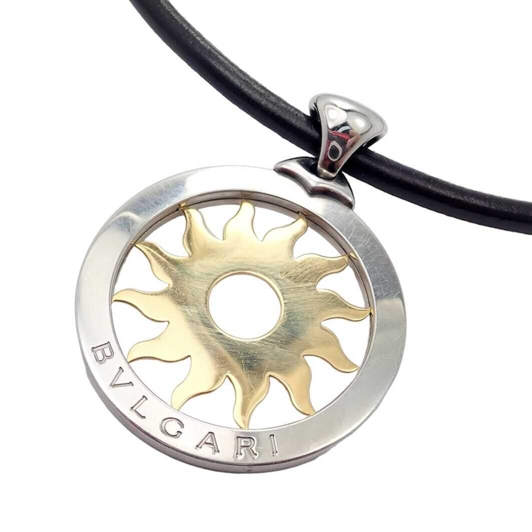 Bulgari Jewelry & Watches:Fine Jewelry:Necklaces & Pendants Bulgari Bvlgari Tondo Sun 18k Gold Steel Large Pendant Leather Cord Necklace