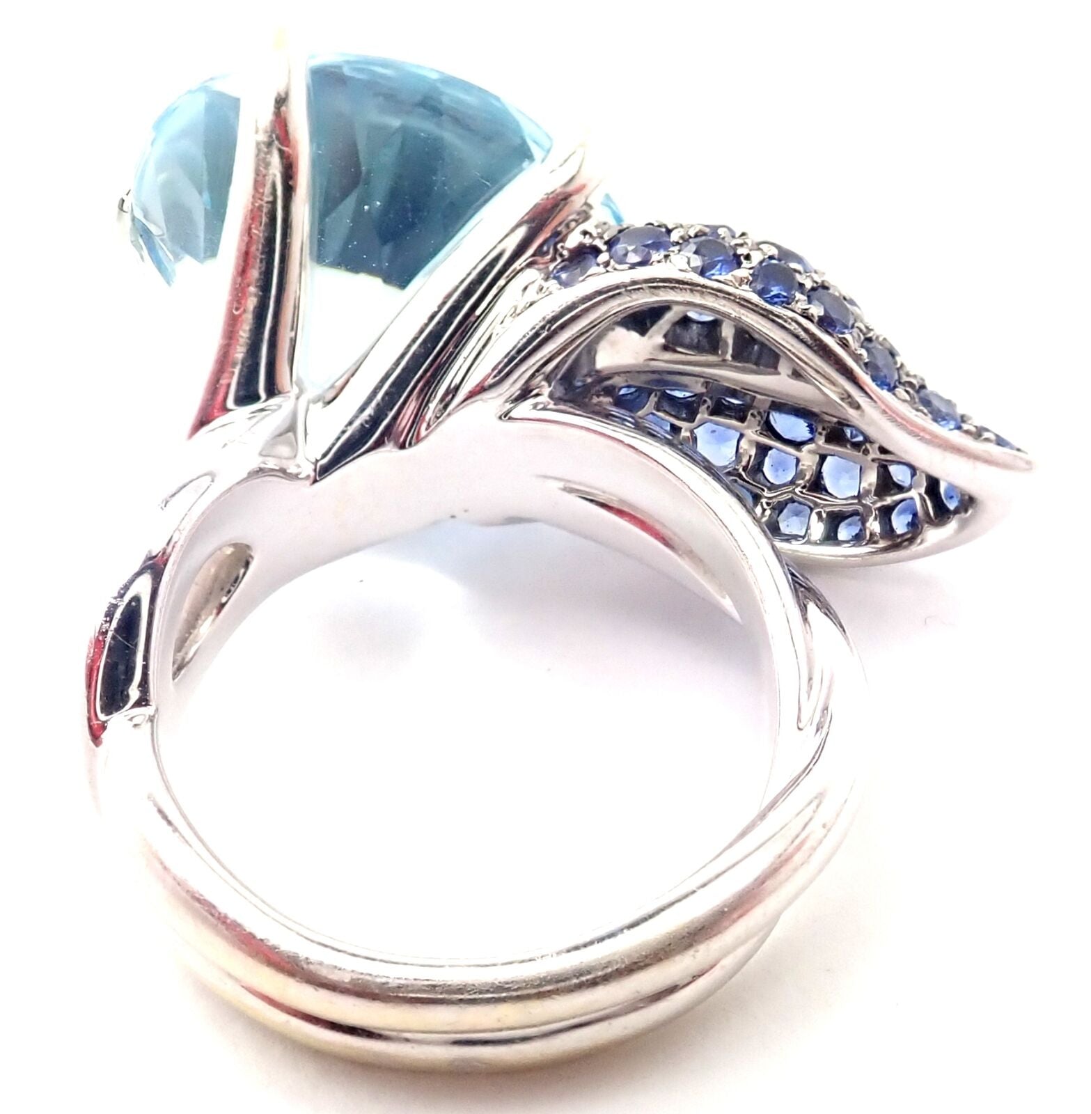 Authentic! Chanel Camellia Flower 18k White Gold Aquamarine Sapphire Ring | Fortrove