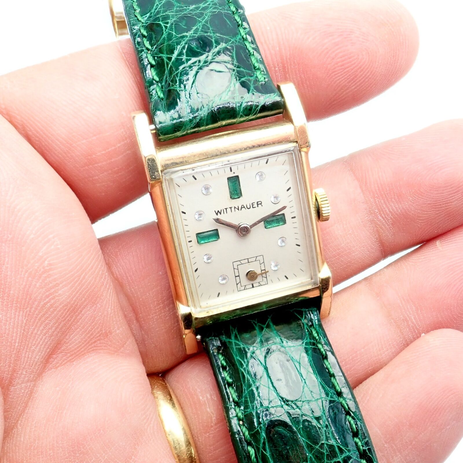 Authentic! Wittnauer 10k Gold Filled Manual Wind Emerald Diamond Fancy Lug  Watch