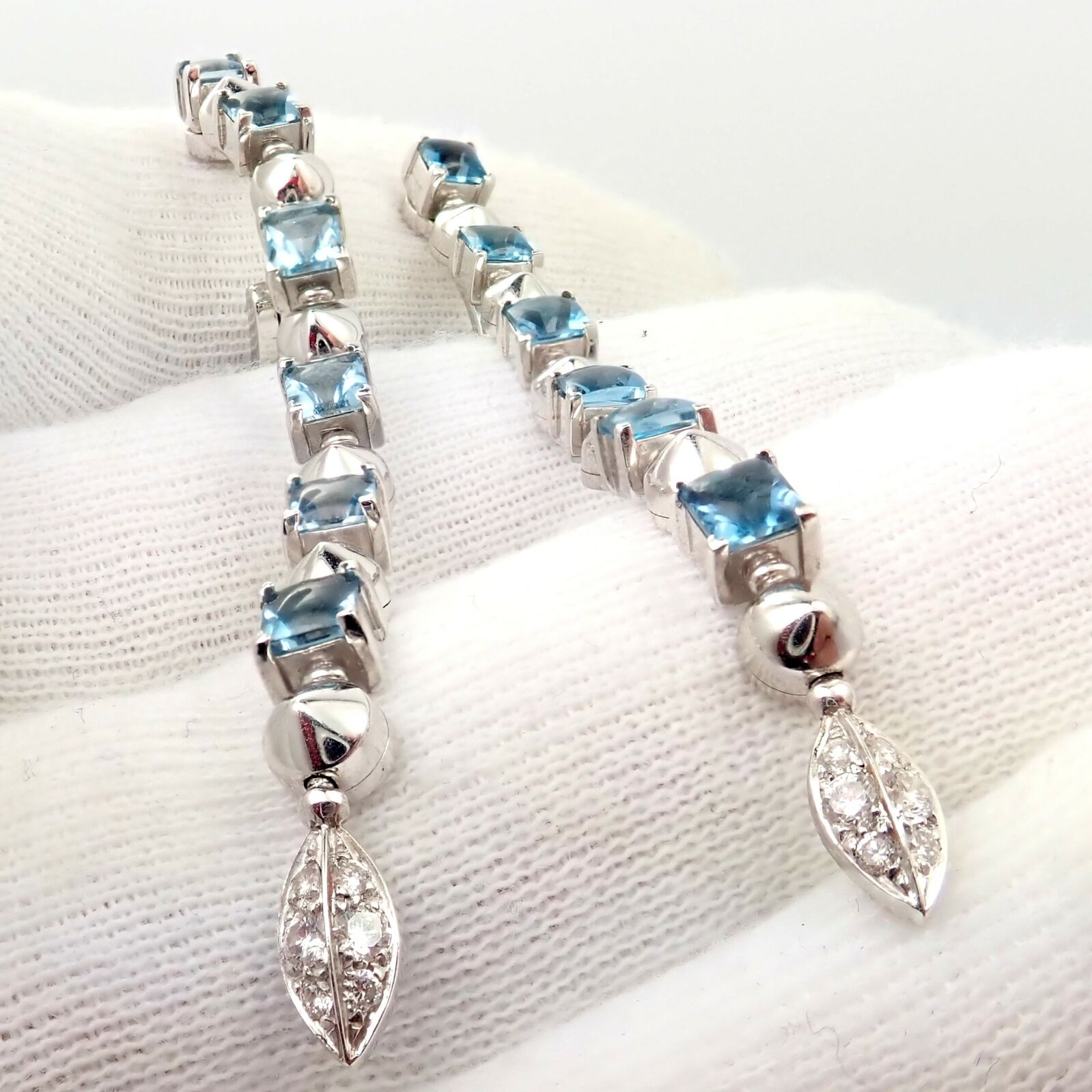 Bulgari Bvlgari Lucea 18k White Gold Diamond Aquamarine Long Drop Earrings Fortrove