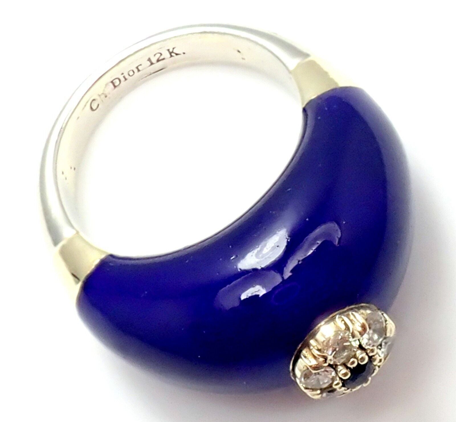 Christian Dior Jewelry & Watches:Fine Jewelry:Rings Rare! Christian Dior 12K White Gold Enamel Diamond Sapphire Cocktail Ring Size 7
