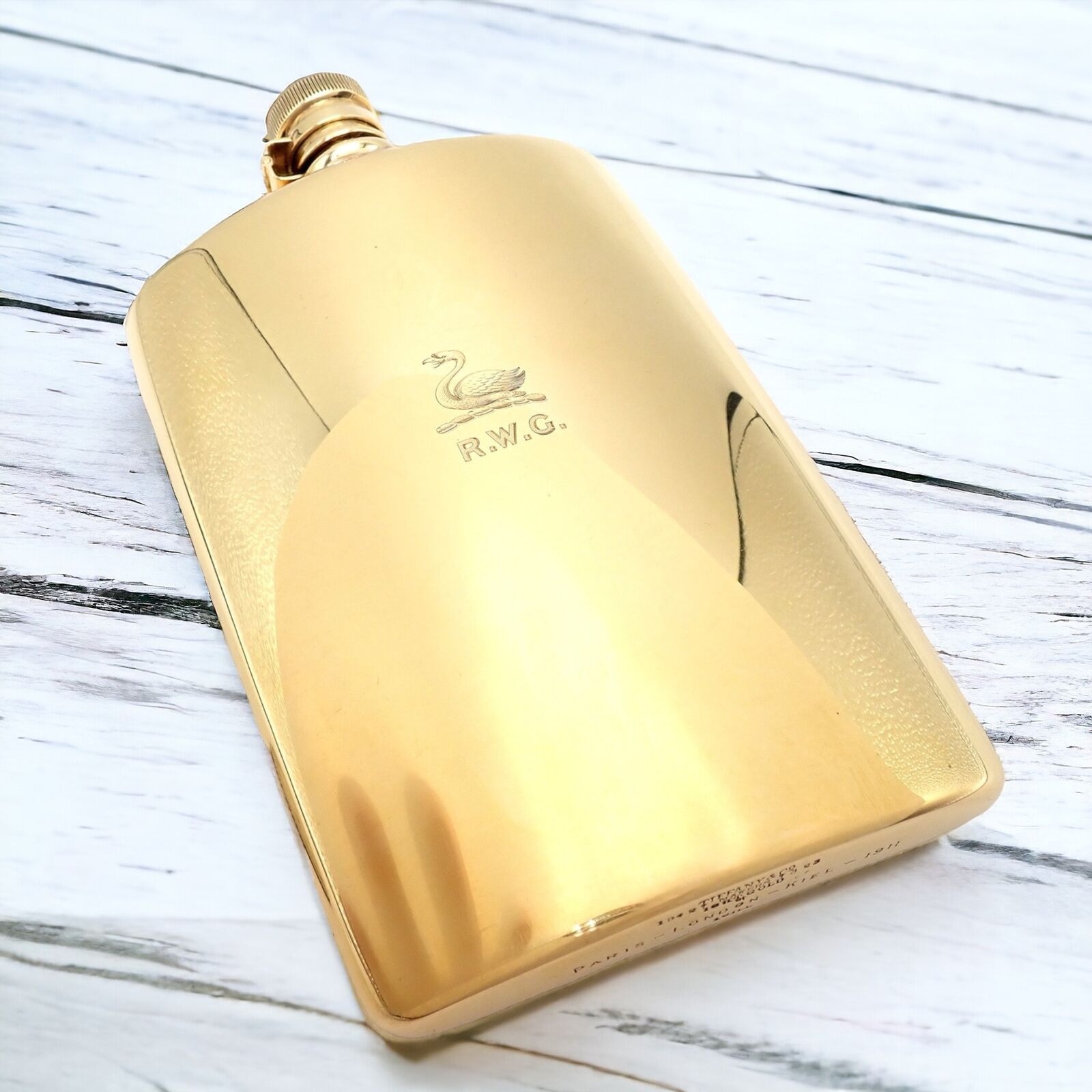 Fortrove Collectibles:Bottles & Insulators:Bottles:Modern (1900-Now):Flasks Antique Solid 18k Yellow Gold Charles Lewis Tiffany Makers Swan RWG 1911 Flask